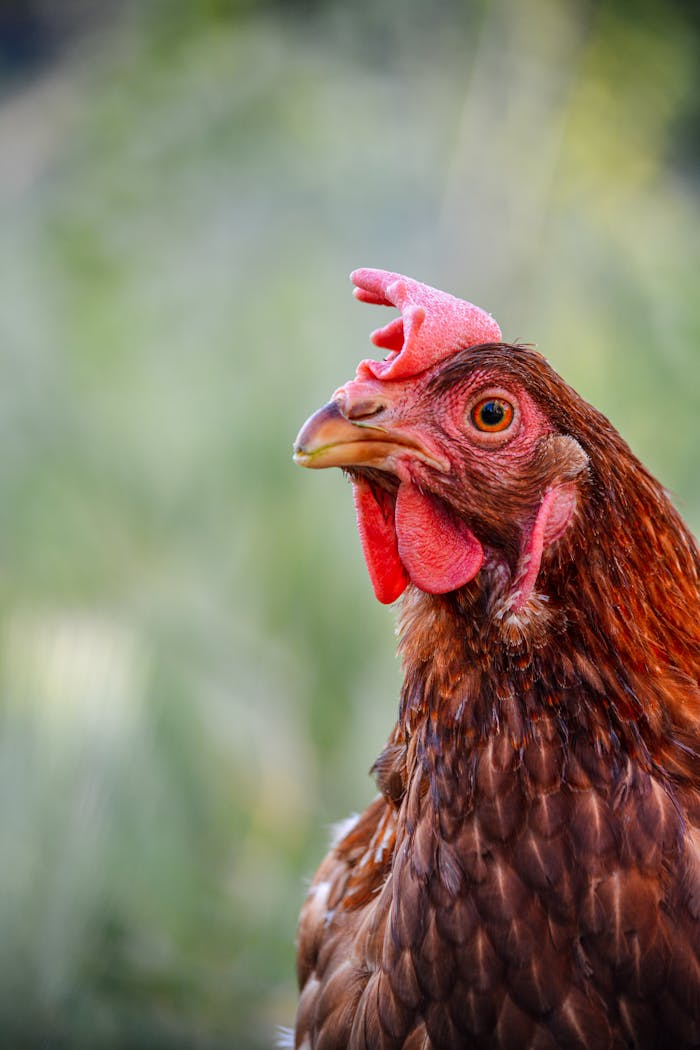 our-history-img Detailed portrait of a brown hen with a blurred green background highlighting its features.