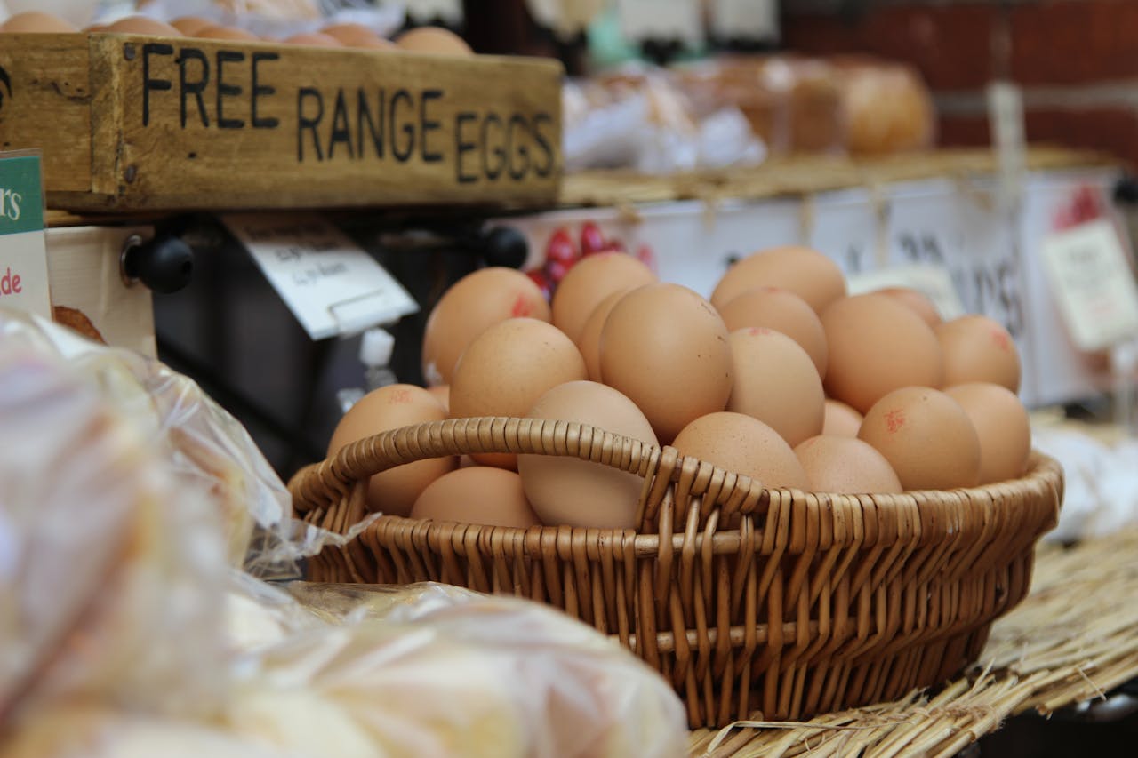gallery-img-06 A basket of brown free range eggs displayed at a market, highlighting fresh, natural ingredients.