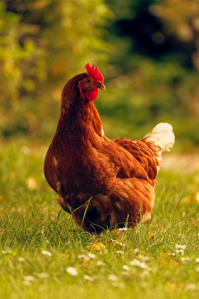 message-img Brown hen standing in grassy field with blurred green background, under warm sunlight.