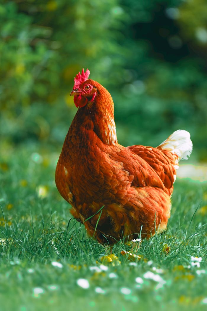 Vibrant brown hen in a lush, sunlit meadow on a bright day.