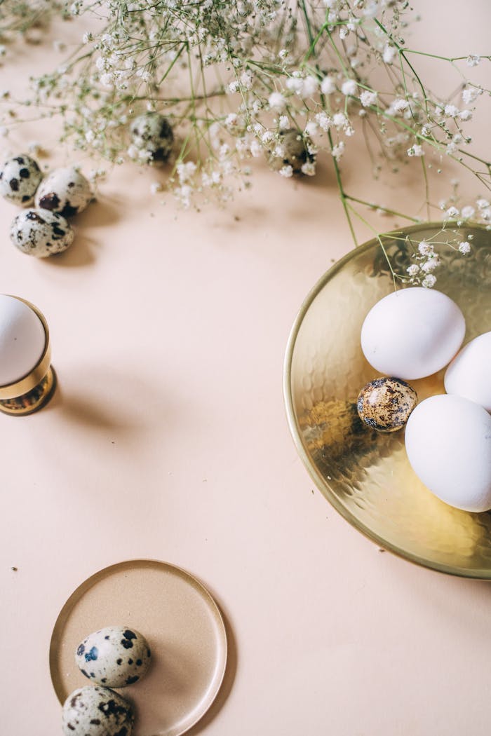 cta-01 Aesthetic top view of quail and chicken eggs with baby's breath flowers on a pastel background.