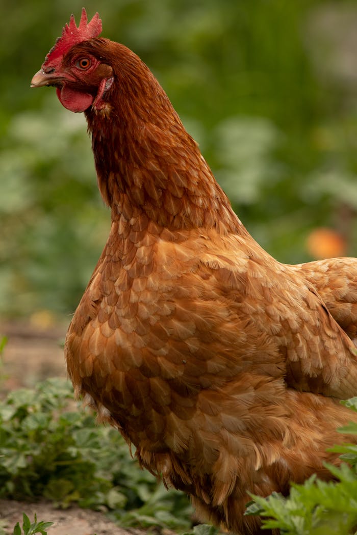 Captivating close-up shot of a brown hen standing outdoors, surrounded by greenery.